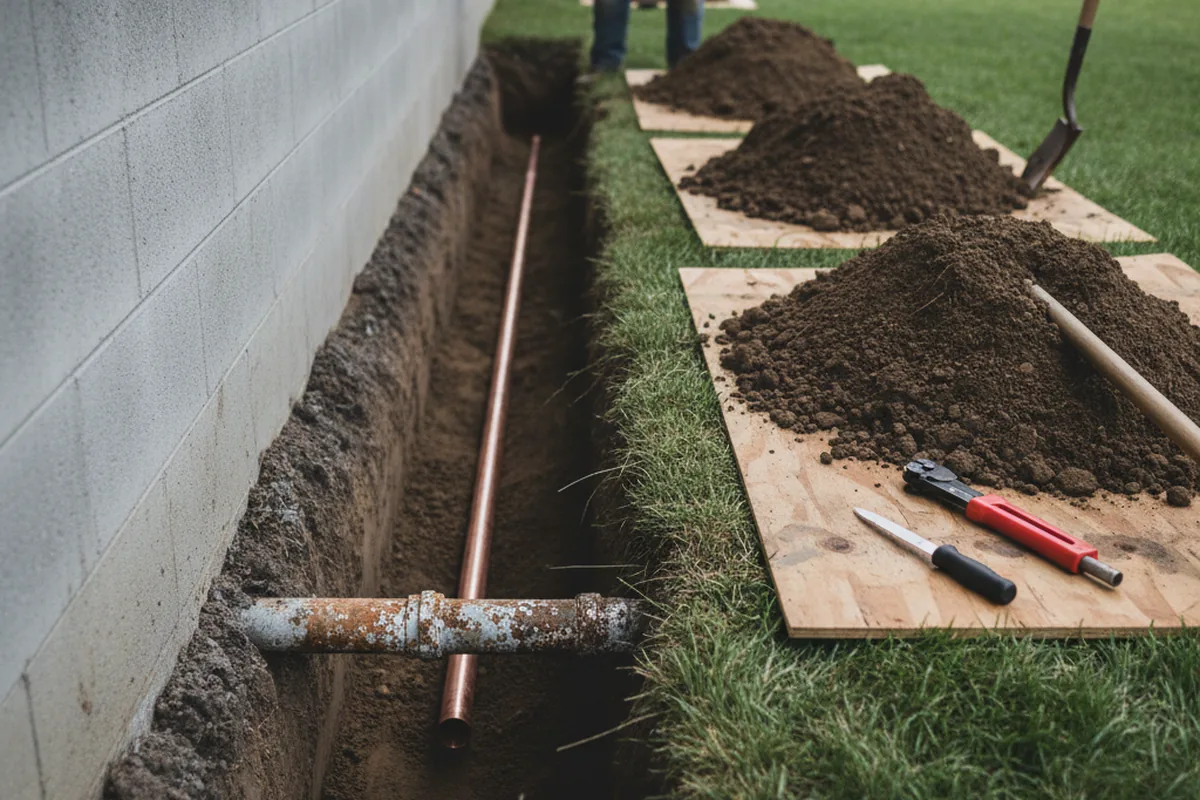Excavated water line trench during Sewer Line Repair in Springboro